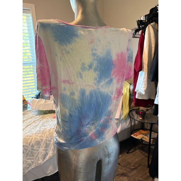 Gaze Rainbow Tie Dye Ruched Tie Short Sleeve Crop Top - Picture 2 of 6